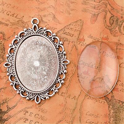 40x30mm Oval Clear Glass Cabochon Cover and Antique Silver Tibetan Style Pendant Cabochon Settings for DIY DIY-X0152-AS-RS-1