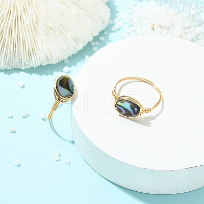 Oval Abalone Shell/Paua Shell Finger Rings RJEW-JR01032-1