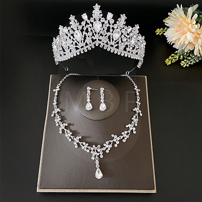 Teardrop Alloy Rhinestone Pendant Necklaces & Stud Dangle Earrings & Crown Hair Band Sets FS-WGFDFEC-01-1