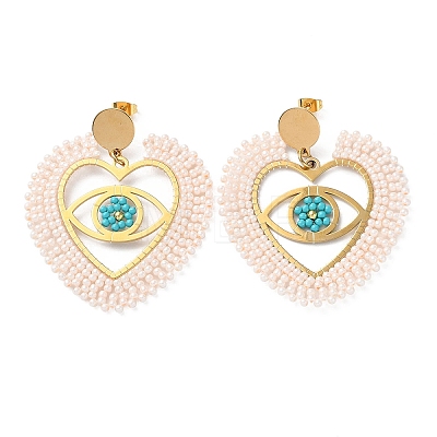 Heart with Eye Woven Glass & Brass Beaded Dangle Stud Earrings EJEW-A105-04G-01-1
