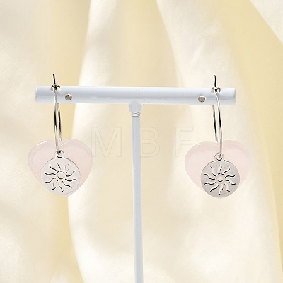 Natural Rose Quartz & 304 Stainless Steel Hoop Earrings for Women EJEW-G475-01P-07-1