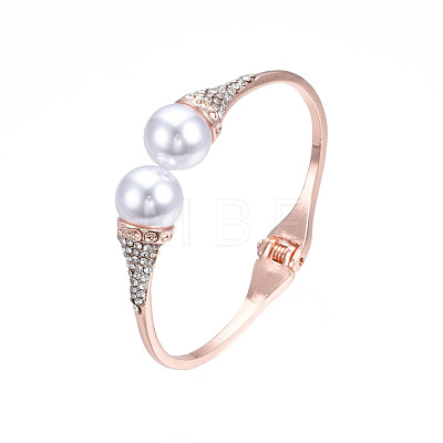 ABS Plastic Pearl Round Beaded Open Cuff Bangle with Crystal Rhinestone BJEW-S118-109RG-1
