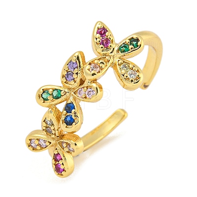 Flower Rack Plating Brass Micro Pave Cubic Zirconia Open Cuff Rings for Women RJEW-N047-01G-01-RS-1