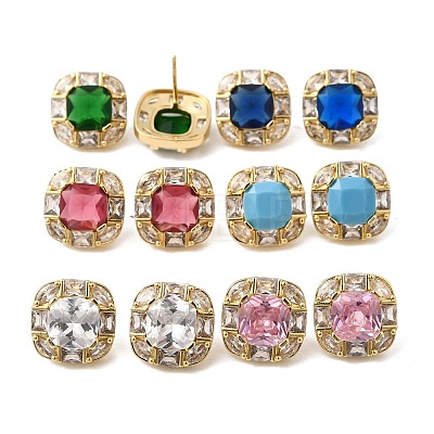 Brass Pave Cubic Zirconia & Glass Stud Earrings EJEW-G471-03G-1