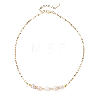 Natural Pearl Rice Beaded Necklaces with 304 Stainless Steel Paperclip Chains NJEW-JN05977-02-1