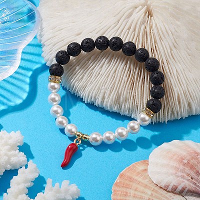 8mm Round Natural Lava Rock & Shell Pearl Beaded Stretch Bracelets BJEW-JB10243-1