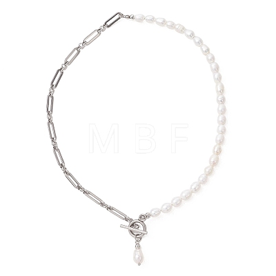 304 Stainless Steel Figaro Chain Natural Cultured Freshwater Pearl Rice Beaded Necklaces with OT Clasps NJEW-JN05959-02-1