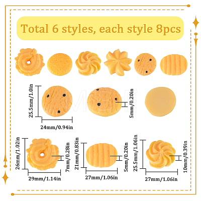 SUNNYCLUE 48Pcs 6 Styles Opaque Resin Imitation Cookies Cabochons RESI-SC0002-89-1