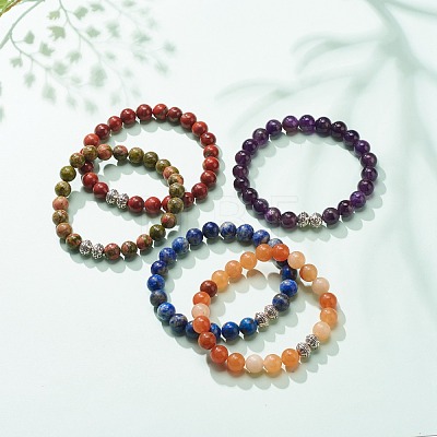 Natural Gemstone & Alloy Beaded Stretch Bracelet for Men Women BJEW-JB08578-1