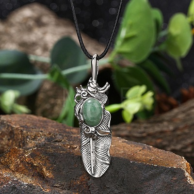Natural Green Aventurine Alloy Feather Pendant Black PU Leather Cord Necklaces FS1864-1-1