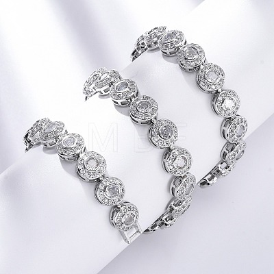 Brass Pave Clear Cubic Zirconia Flat Round Link Chain Necklaces for Women NJEW-A044-01P-1