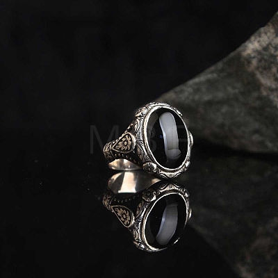 Oval Natural Black Agate Finger Rings PW-WG03CB0-01-1