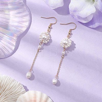 Shell Pearl with Brass Dangle Earrings for Women EJEW-TA00558-1