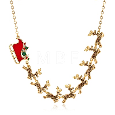 Alloy Colorful Rhinestone Deer Sleigh Link Chain Necklaces with Red Enamel FS-WGDB6E9-01-1