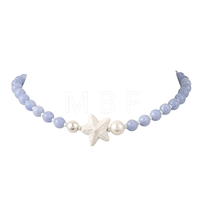Ocean Handmade Porcelain Starfish & Natural Dyed Blue Lace Agate Round Beaded Necklaces with Brass OT Clasps for Women NJEW-JN06525-1