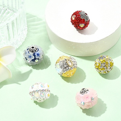 6Pcs 6 Colors Handmade Polymer Clay Rhinestone Indonesia Beads CLAY-YW0002-75-1