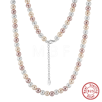 6mm Round Shell Pearl Beaded Necklaces NJEW-L125-009P-01-1