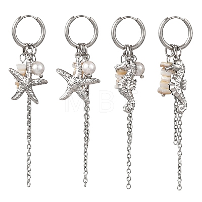 2Pairs 2 Styles Natural Freshwater Shell & 304 Stainless Steel Pendants Dangle Earrings for Women EJEW-JE07140-1