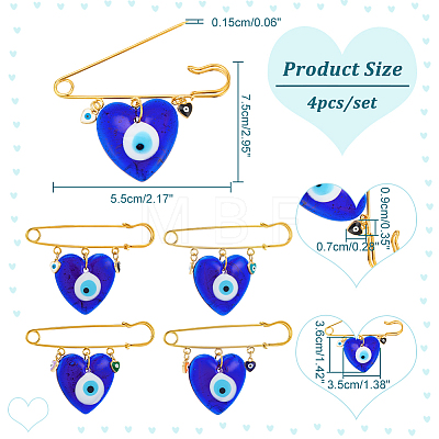 4Pcs 4 Color Lampwork Heart Evil Eye Charms Safety Pin Brooch JEWB-AB00004-1