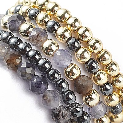 5Pcs 5 Style Natural Rainbow Moonstone & Dichroite & Synthetic Hematite Round Beaded Stretch Finger Rings Set RJEW-JR00527-1