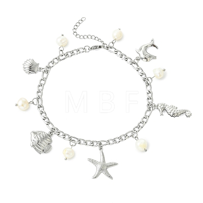 Ocean Natural Pearl & 304 Stainless Steel Starfish Sea Horse Shell Shape Charm Anklets for Women AJEW-AN00826-02-1