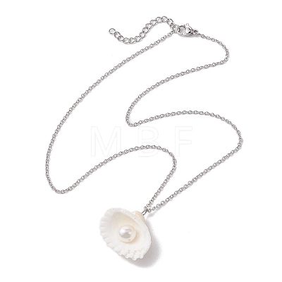 Natural Clam Shell & Imitation Pearl Pendant Necklaces NJEW-JN05006-1