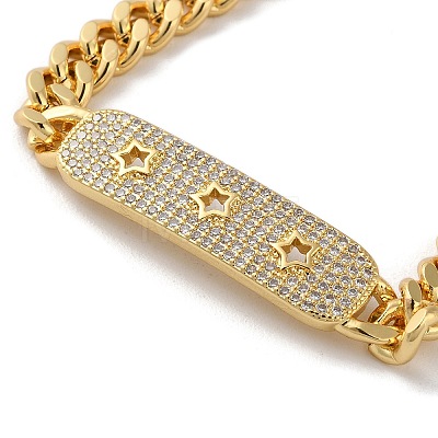 Brass Micro Pave Clear Cubic Zirconia Curved Rectangle with Hollow Star Cuban Link Chains Bracelets for Women BJEW-M322-03G-B-1