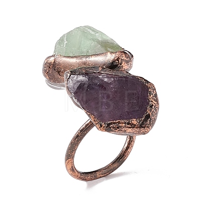 Natural Fluorite & Amethyst Irregular Nugget Open Cuff Ring RJEW-I082-08R-01-1