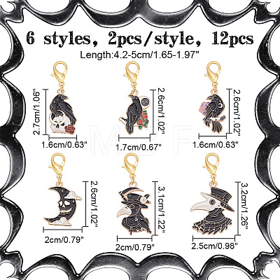 12Pcs 6 Style Gothic Style Plague Doctor Raven Moon Alloy Enamel Pendant Stitch Markers HJEW-NB00007-1