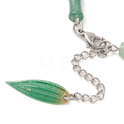 Natural Green Aventurine Bamboo Beaded Bracelet with Acrylic Leaf Charms BJEW-TA00299-1
