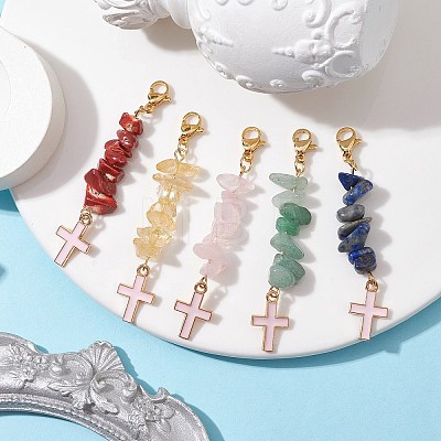 5Pcs 5 Style Natural Mixed Gemstone Chips & Alloy Enamel Cross Pendant Decorations HJEW-JM01793-S-1