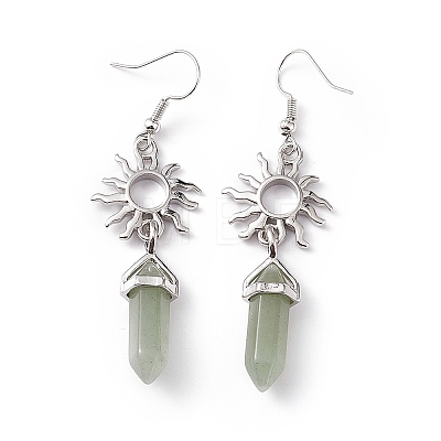 Natural Green Aventurine Bullet with Sun Dangle Earrings EJEW-I276-01P-16-1