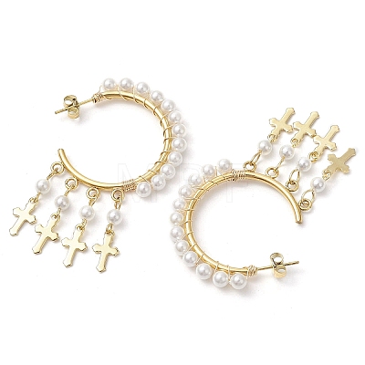 Cross Shell Pearl Dangle Stud Earrings EJEW-JE06185-01-1