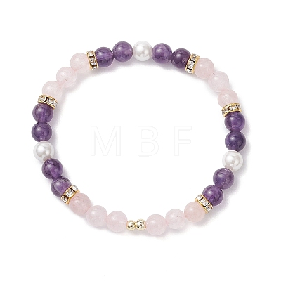 Natural Amethyst & Rose Quartz & Shell Pearl Round Beads Stretch Bracelets for Women BJEW-JB12229-02-1