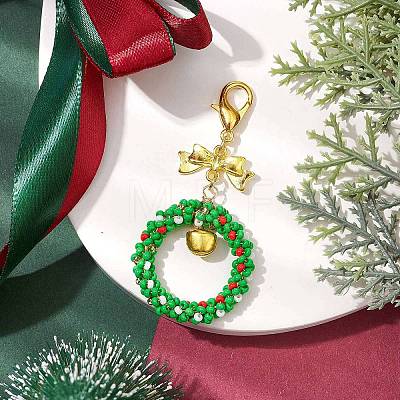 Handmade Seed Beads Christmas Bow Wreath Keychain Pendants Decoration HJEW-MZ00062-1