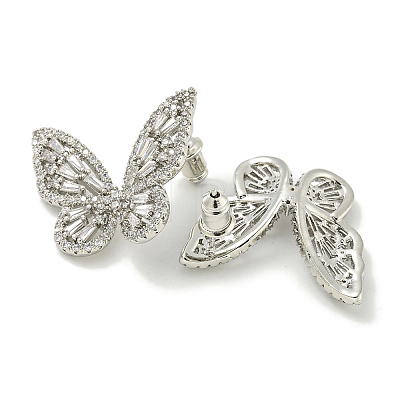 Rack Plating Butterfly Brass Micro Pave Clear Cubic Zirconia Stud Earrings EJEW-H014-09P-1