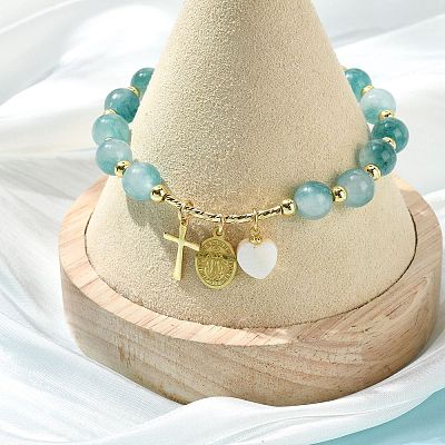 Natural Flower Jade Round Beads Stretch Bracelets BJEW-JB14147-02-1