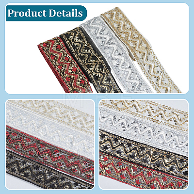 4 Colors Polyester Embroidery Lace Ribbon with Paillette OCOR-CY0004-54-1
