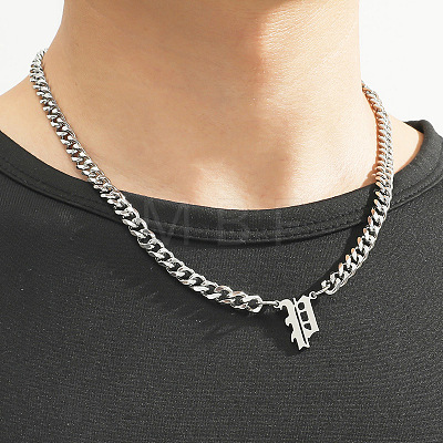 304 Stainless Steel Initial Pendant Cuban Link Chain Necklaces FS-WGB15F2-18-1