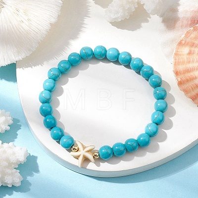 Round Synthetic Turquoise Beaded Stretch Bracelets BJEW-JB10276-02-1