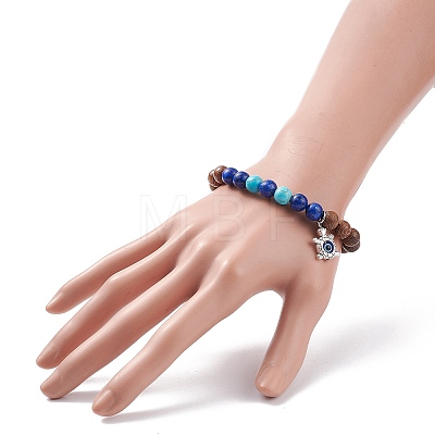 Natural Wenge Wood & Lapis Lazuli & Synthetic Turquoise Round Beaded Stretch Bracelet BJEW-JB08206-1
