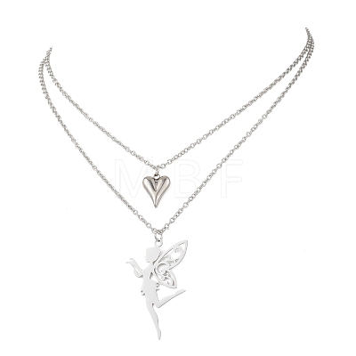 Stainless Steel Fairy and Heart Pendant 304 Stainless Steel Cable Chain Double Layer Necklaces for Women NJEW-JN05810-02-1