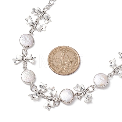 Flat Round Pearl with Bowknot Alloy Link Necklaces NJEW-JN04812-1
