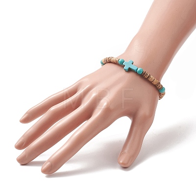 Coconut & Cross Dyed Synthetic Turquoise Beaded Stretch Bracelet for Men Women BJEW-JB09293-1