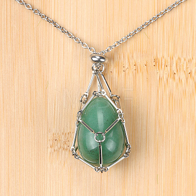Natural Green Aventurine Easter Egg Cage Pendant 304 Stainless Steel Cable Chain Necklaces FS-WGA333C-17-1