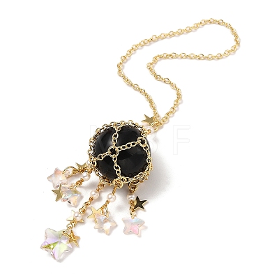 Natural Obsidian with Rack Plating Brass Pendants Decorations AJEW-B023-01G-01-1