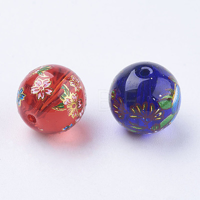 Flower Picture Printed Glass Beads GLAA-E399-12mm-1