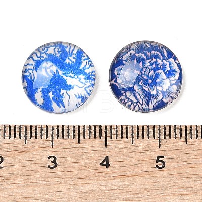 Blue and White Floral Printed Glass Cabochons GGLA-A002-14mm-XX-1