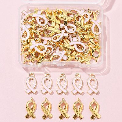 60Pcs 2 Style October Breast Cancer Pink Awareness Ribbon Alloy Pendants Sets TIBEP-FS0001-95-1