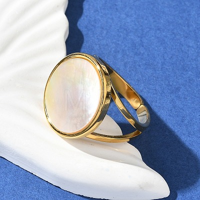 Flat Round 304 Stainless Steel White Shell Cuff Rings for Women RJEW-G346-02G-02-1